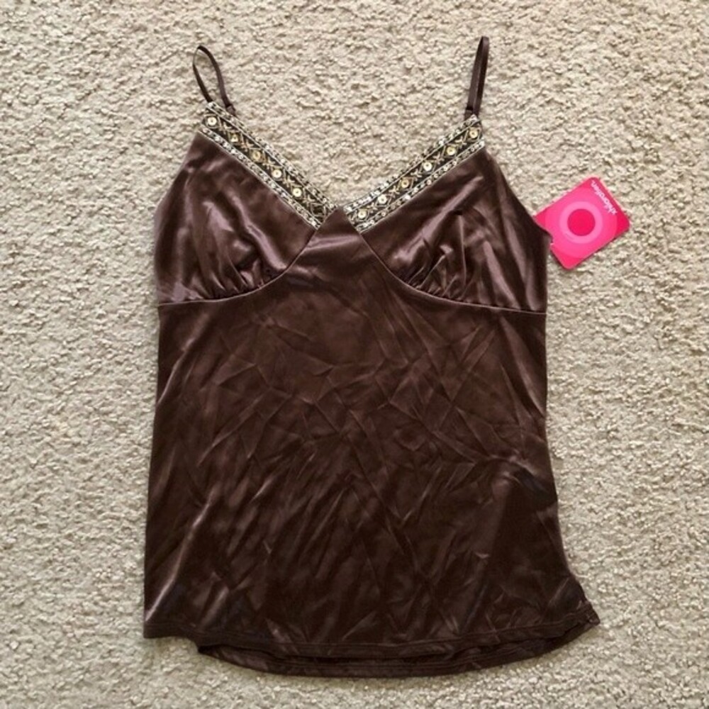 Vintage Y2K Xhilaration Brown Beaded Embelished Satin Camisole NWT Size Medium